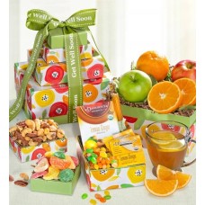 Torre de frutas y dulces para desear una pronta recuperación