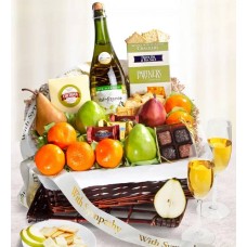 Cesta de regalo gourmet con frutas, expresada con simpatía y cariño.