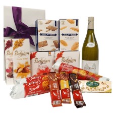Delicioso paquete de regalo belga con vino Chablis