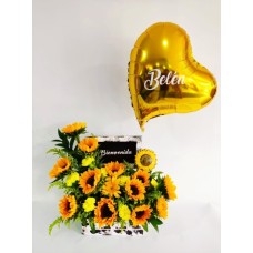 Arreglo floral con girasoles, gerberas, claveles.