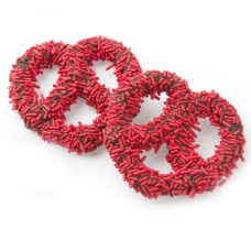 Pretzels cubiertos de chocolate con chispas rojas - 96 unidades