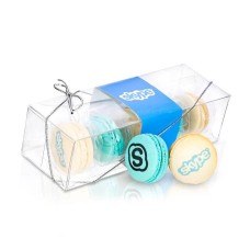 Caja de regalo de acetato transparente con estampado de macarons (5 unidades) con opción de funda personalizada con la marca.