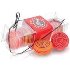 Caja de regalo de acetato transparente con estampado de macarons (6 unidades) con opción de funda personalizada con la marca.