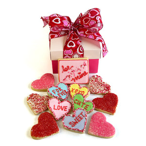 Colección de galletas de azúcar Be Mine (6 corazones de chocolate blanco, 5 corazones con forma de corazón y 1 galleta con glaseado real "Be Mine")