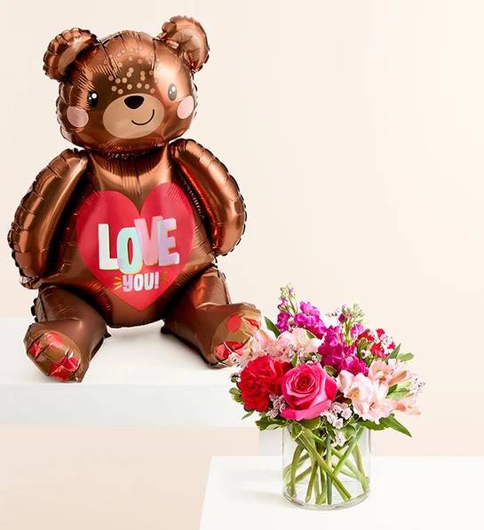 Ramo de fantasía floral con globo de oso del amor (pequeño)