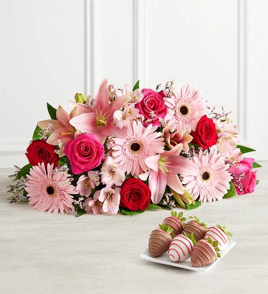 Fields of Europe® Romance con fresas bañadas en chocolate Love & Romance (Fields of Europe® Romance - Ramo grande solamente con 6 fresas Love and Romance)