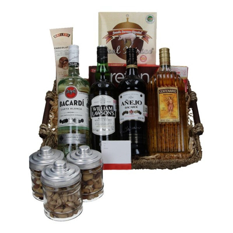 Cesta gourmet con ron, whisky, tequila