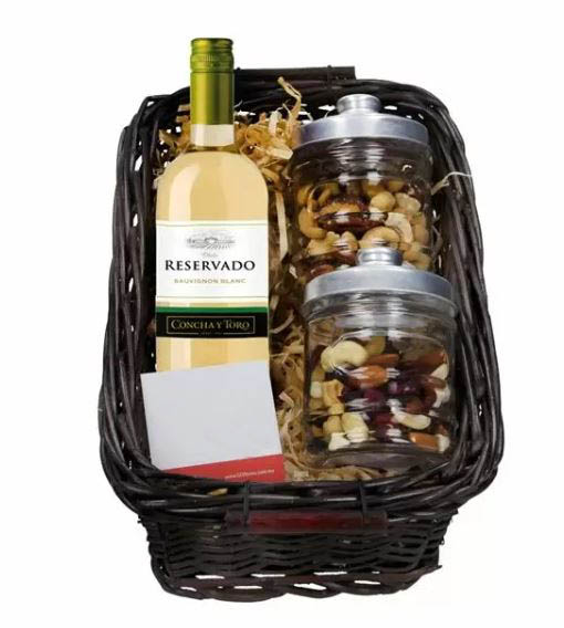 Cesta Vino Blanco 375ml y Frutos Secos
