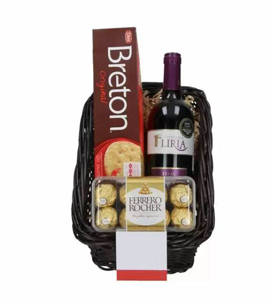 Cesta con Vino Tinto, Chocolates y Galletas