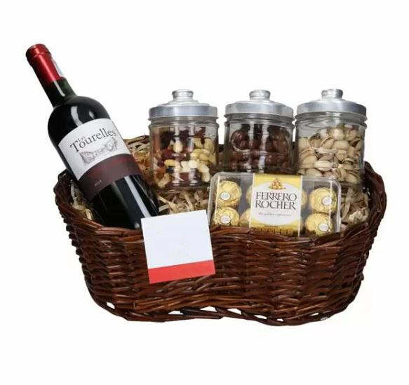 Cesta de Vino Tinto y Bombones