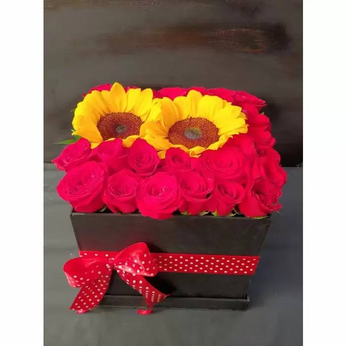 Rosas y girasoles en caja (24 rosas)