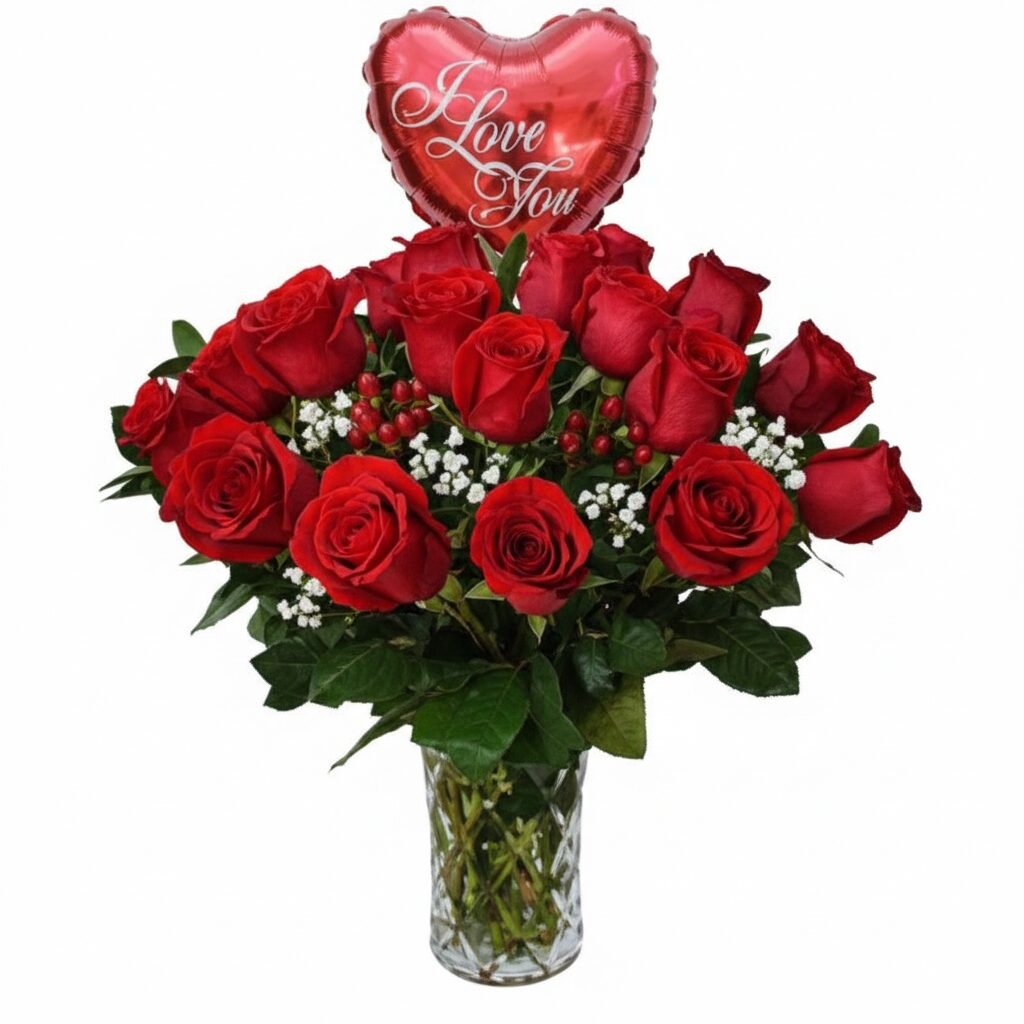 18 rosas en jarrón de cristal + globo mediano