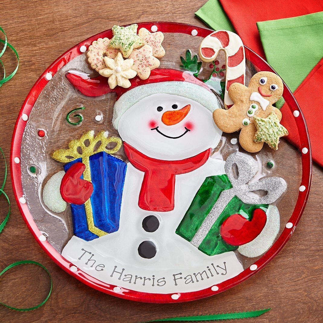 Bandeja de cristal con forma de muñeco de nieve caprichoso