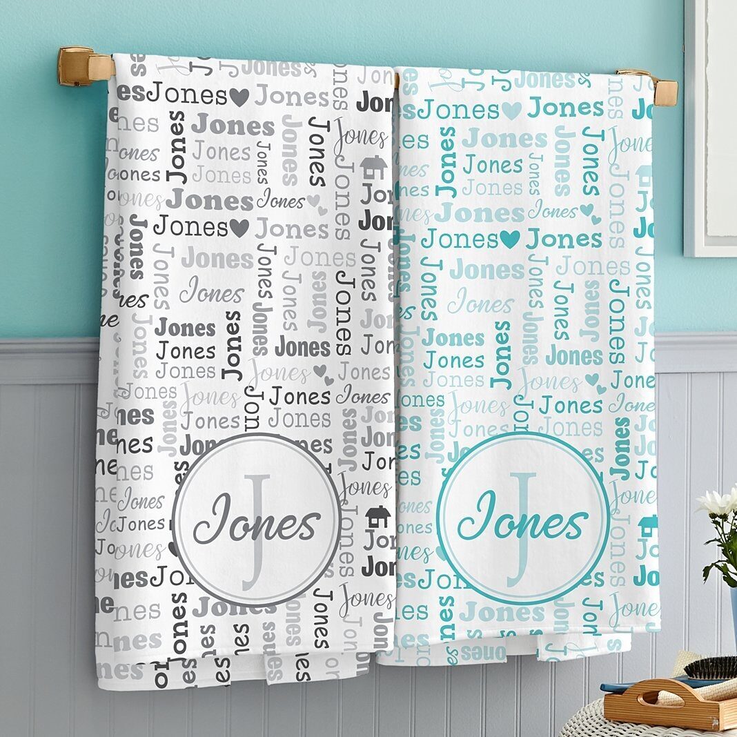 Toallas de baño con collage de apellidos (toalla de mano color verde azulado)