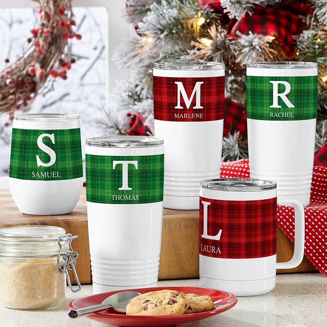 Vaso térmico con iniciales a cuadros (vaso de 20 oz)