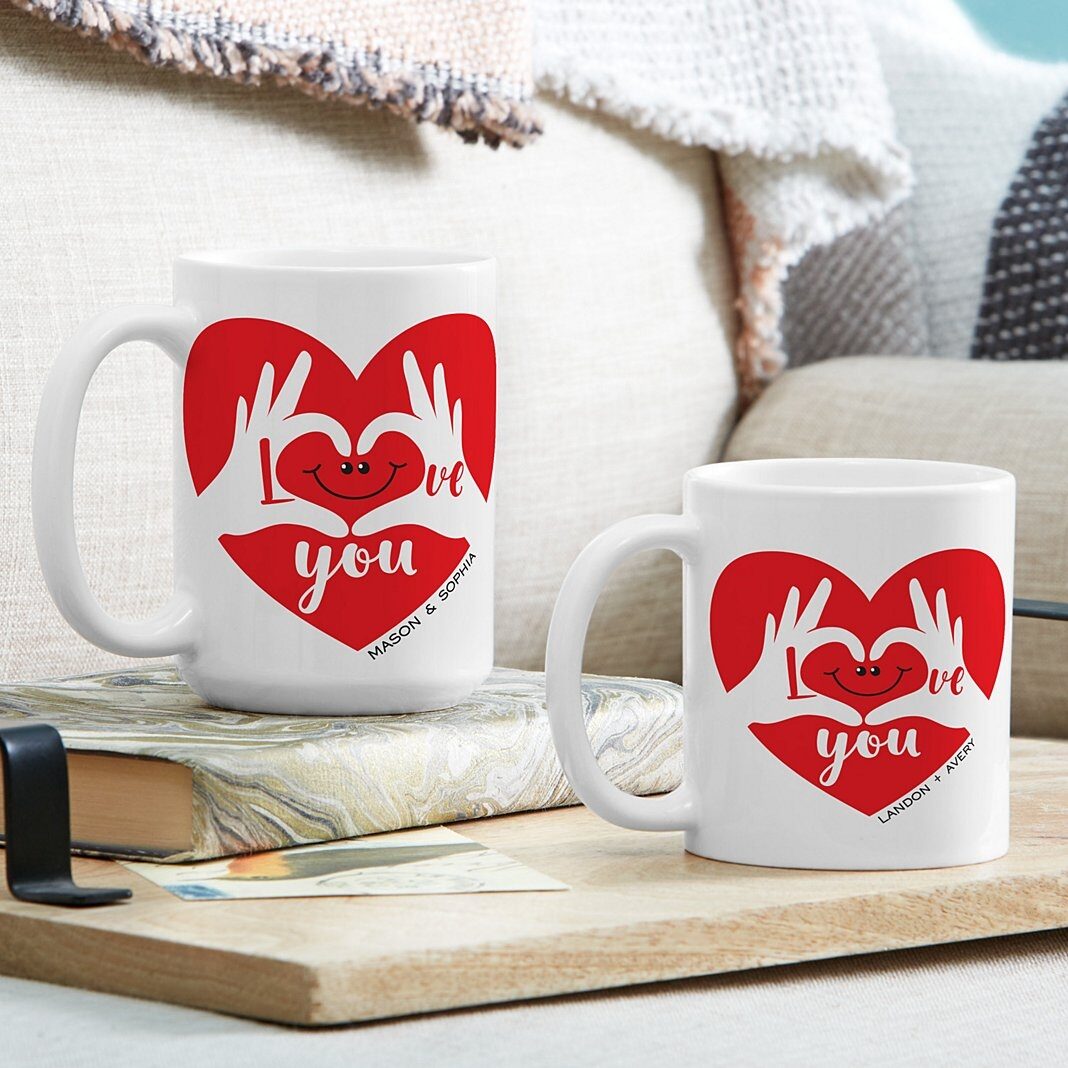 Taza con dos corazones y un amor (11 oz, taza con asa roja (juego de 2))