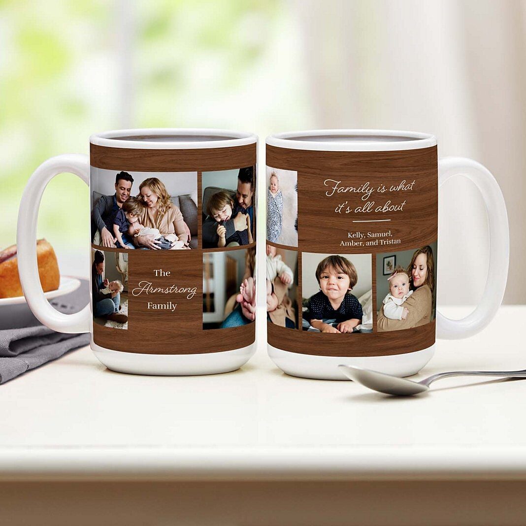 Taza de madera rústica con foto familiar