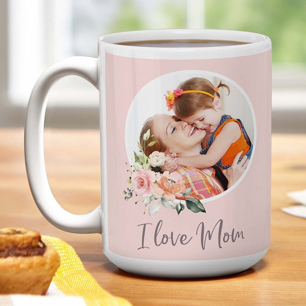 Taza con foto con flores "Te amo mamá"