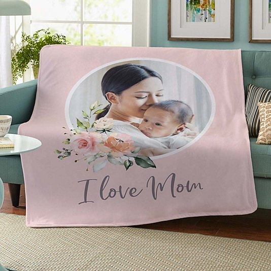 Manta de felpa con foto floral "Te amo mamá"