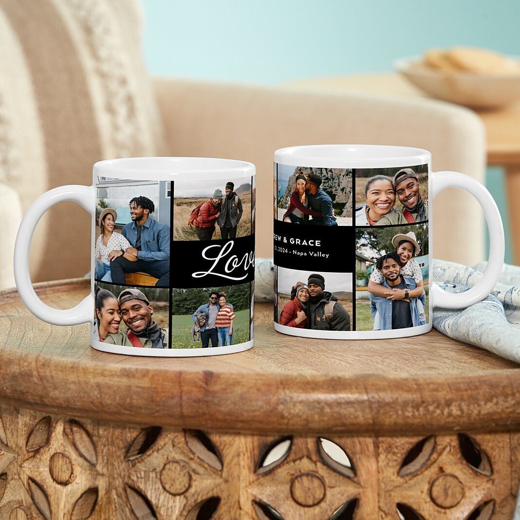 Taza con collage de fotos de amor