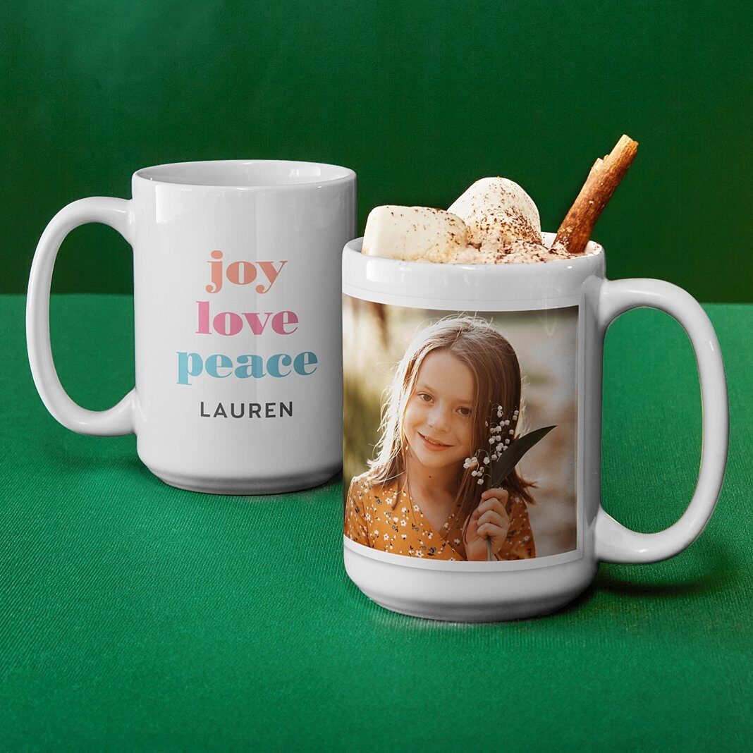 Nueva taza con foto "Alegría, amor y paz"