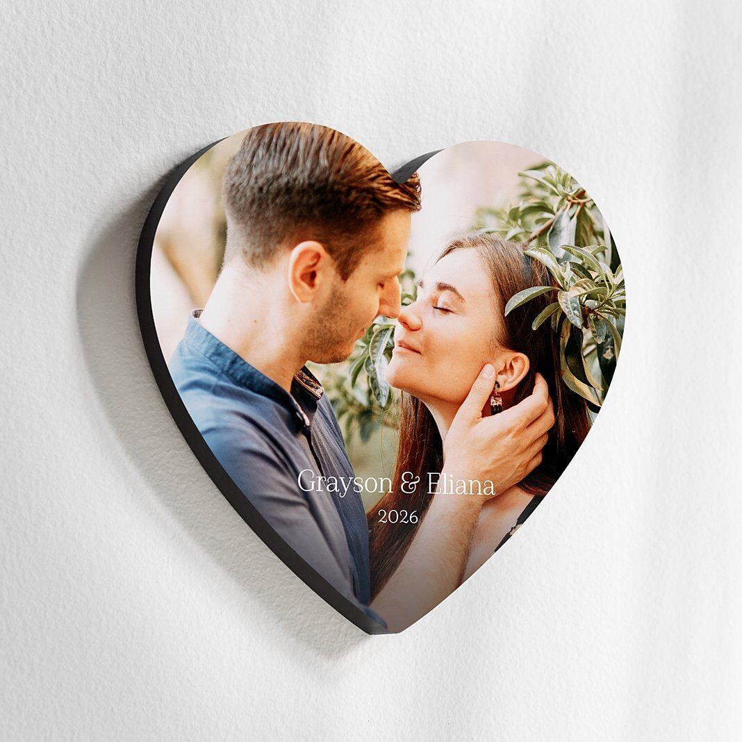 Letrero de madera con forma de corazón y foto personalizado (mensaje en escritura)