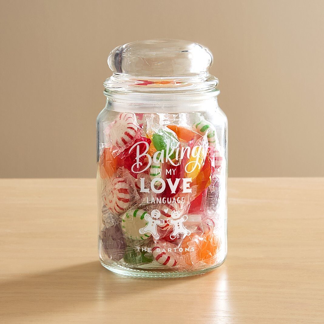 Frasco de cristal para dulces con el lenguaje del amor