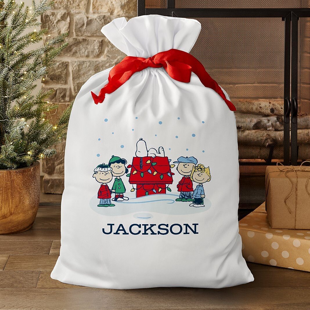 Bolsa de regalo extragrande de la pandilla de PEANUTS® y Snoopy para un día nevado