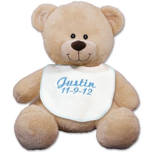Oso de peluche azul con babero bordado - 28 cm