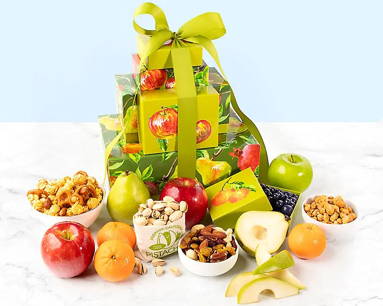 Torre de regalos de la colección de frutas y frutos secos gourmet