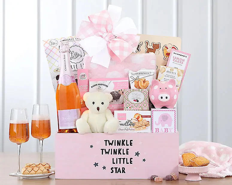 Cesta de vino espumoso para bebé niña