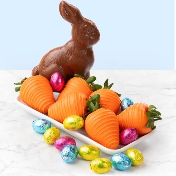 Conejito de Pascua de chocolate con huevos y fresas cubiertas de chocolate - 6ct
