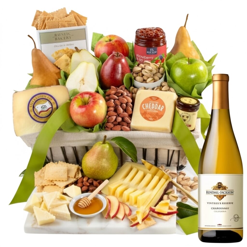 Cesta de frutas de granja de California con vino: Sauvignon Blanc de Margaretts Vineyard