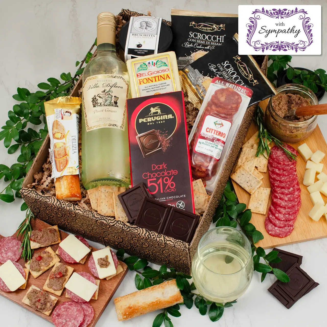 Caja de regalo de vino blanco italiano y antipasto Mangia Con Gusto - Sympathy
