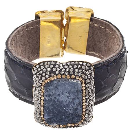 Pulsera de cuero negro con baño de oro de 14 quilates sobre plata de ley y drusa