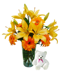 Kingdom Of Happiness (9 Gerbera Daises + 4 Lilies + Teddy Bearus)