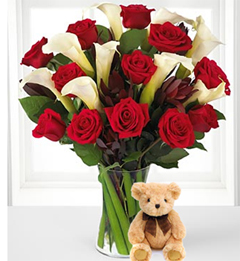A tu lado (12 rosas + 3 lirios de cala + Teddy Bearus)