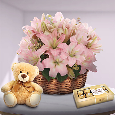 Special Detail (6 Liliums + Teddy Bear + Chocolates)