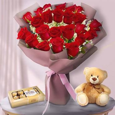 Love Sorprise (12 Roses + Chocolates + Teddy Bear)