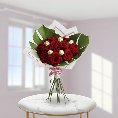 Rosas and Chocolates Bouquet (12 Roses + 4 Ferrero Rocher)