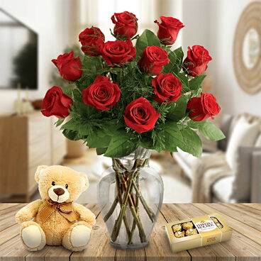 Pasión del amante (12 rosas + oso de peluche)