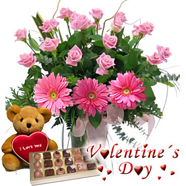 Amor verdadero (12 rosas + 3 gerberas + chocolates + oso de peluche)