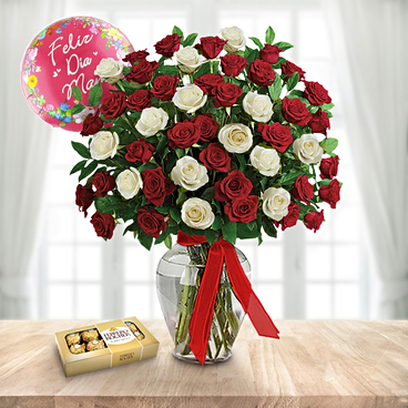 Mom Best Day (12 rosas rojas y blancas + caja de chocolate + globo)