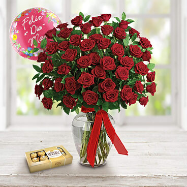 Rosas de mamá (12 rosas + caja de chocolate + globo)