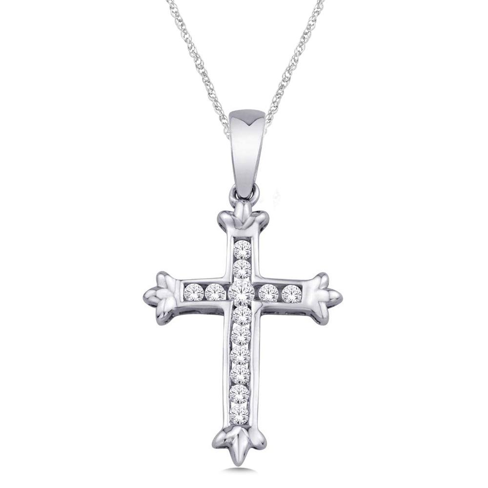 Colgante de cruz de oro blanco de 10 quilates con diamantes de 1/8 quilates