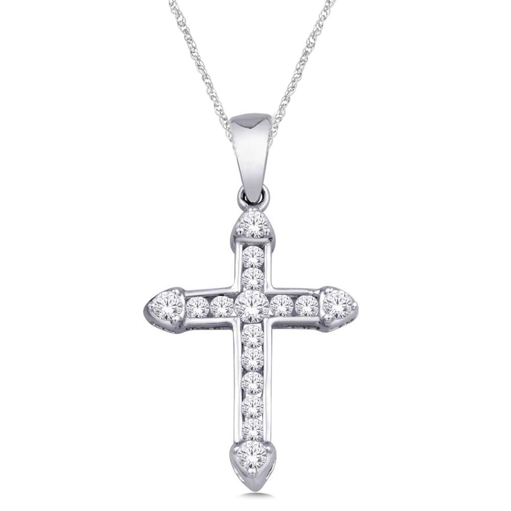Colgante de cruz de oro blanco de 10 quilates con diamante de 1/5 quilates.