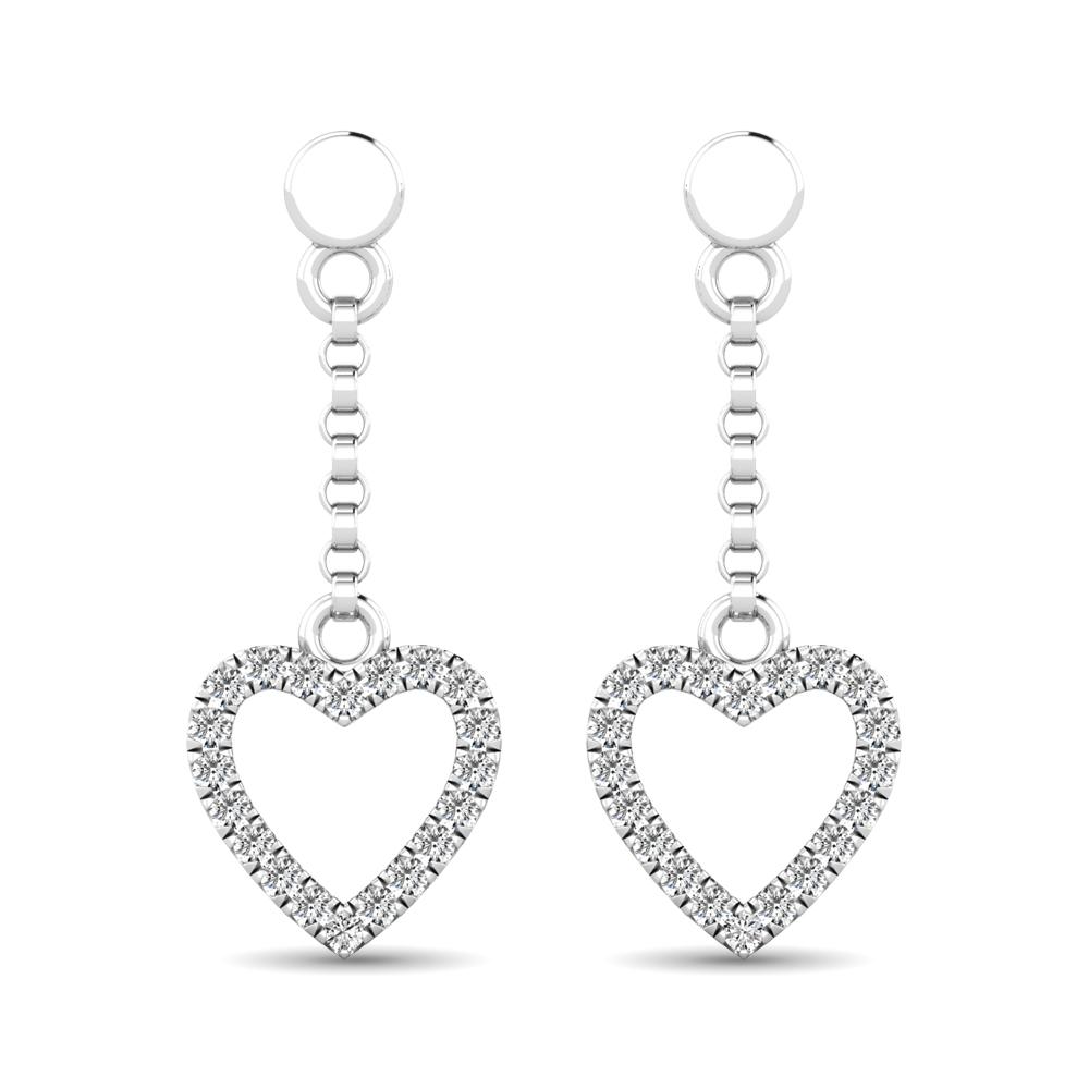 Pendientes colgantes en forma de corazón de oro blanco de 10 quilates con diamantes de 1/10 quilates.
