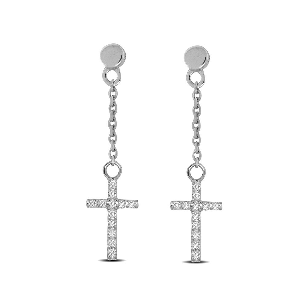 Pendientes de cruz de oro blanco de 10 quilates con diamantes de 1/20 quilates