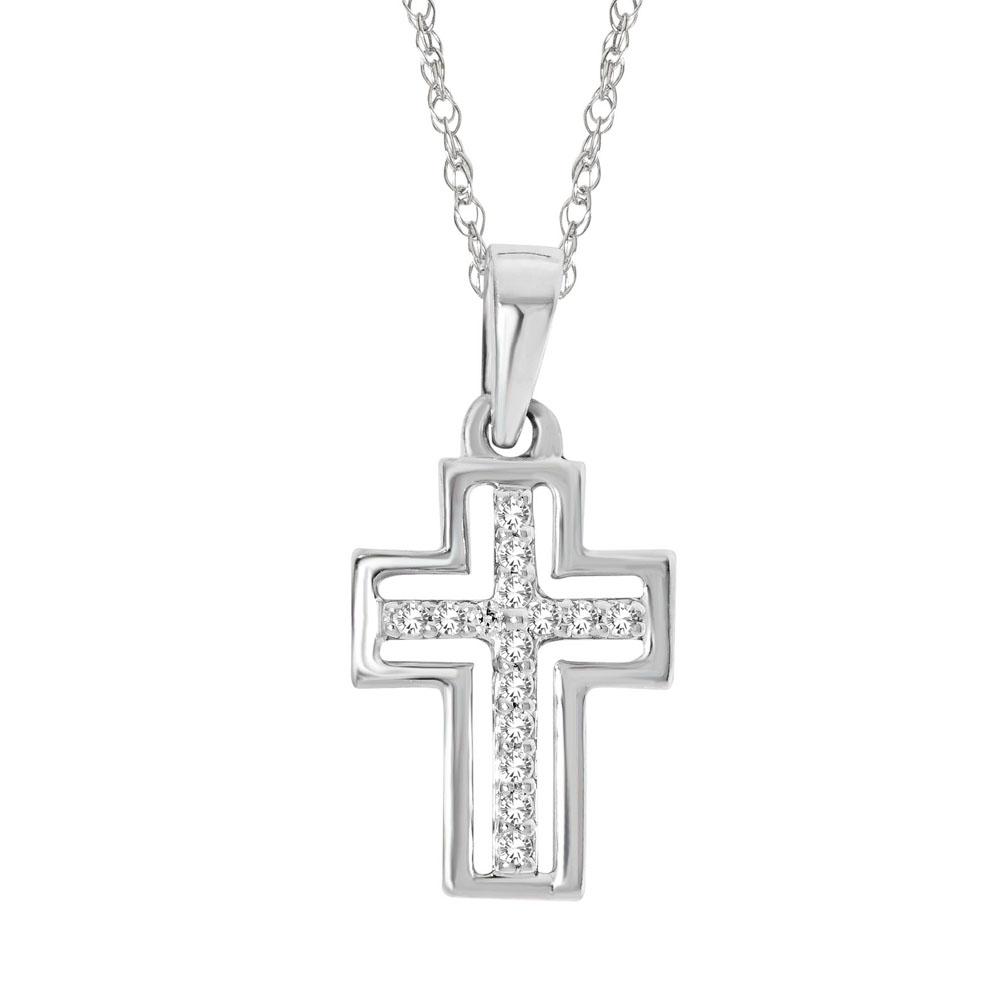 Colgante de cruz de oro blanco de 10 quilates con diamantes de 1/20 quilates