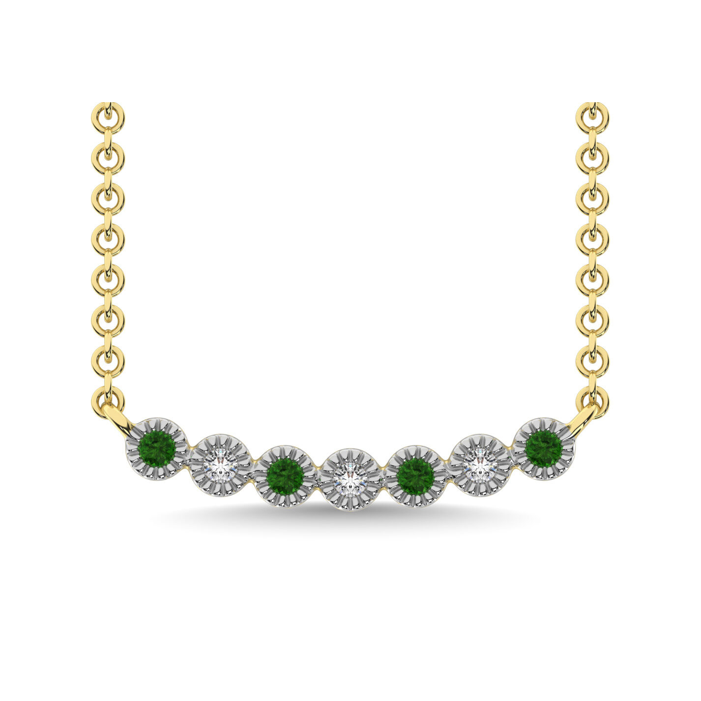 Collar de oro amarillo de 10 quilates con diamante de 1/10 quilates y tsavorita redonda.